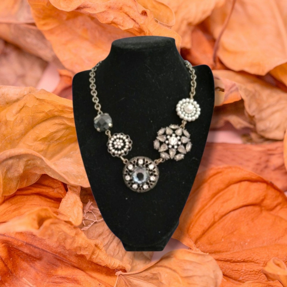 Lia Sophia | Elegant Antiqued Bronze Asymmetric Crystal Statement Necklace